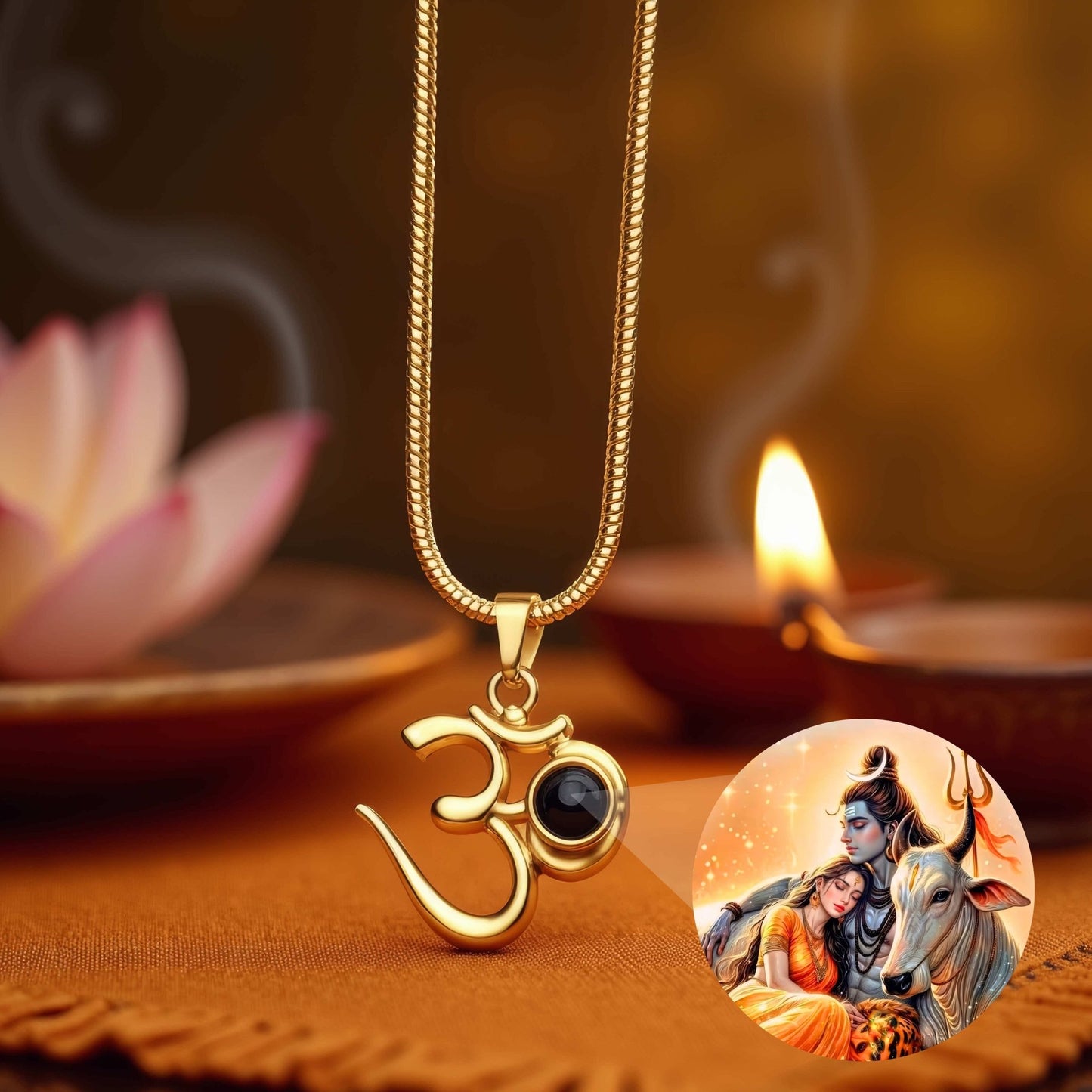 Om Pendant with Shivji, Parvati & Nandi Photo Inside - Divine Jewels
