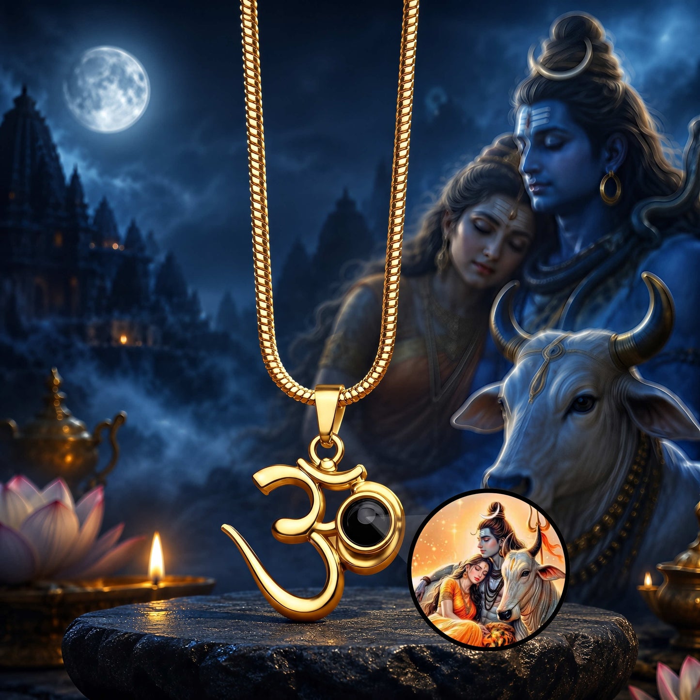Om Pendant with Shivji, Parvati & Nandi Photo Inside