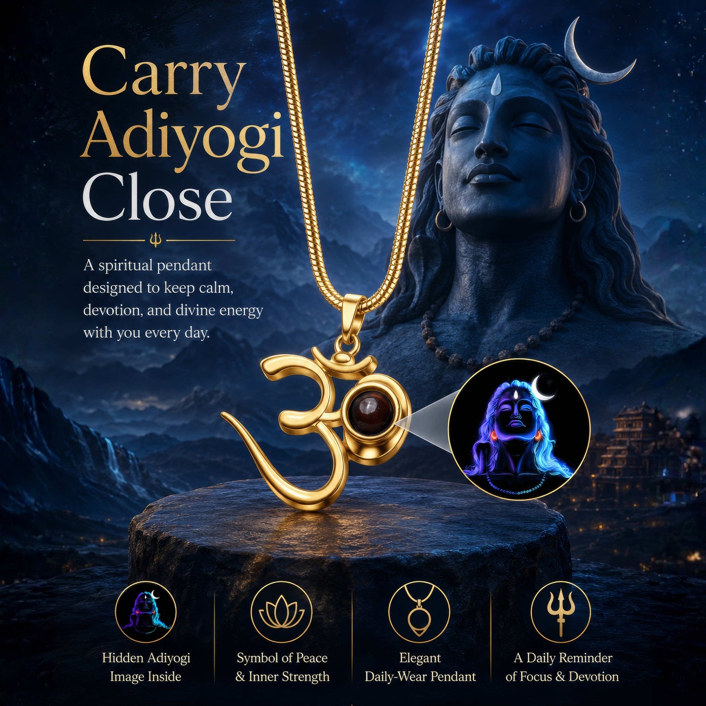 Shiva OM Pendant with Glowing Adiyogi Photo Inside