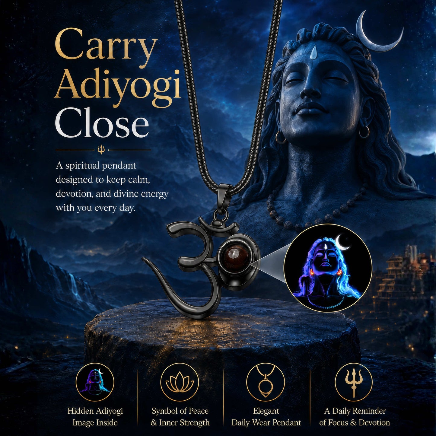 Shiva OM Pendant with Glowing Adiyogi Photo Inside