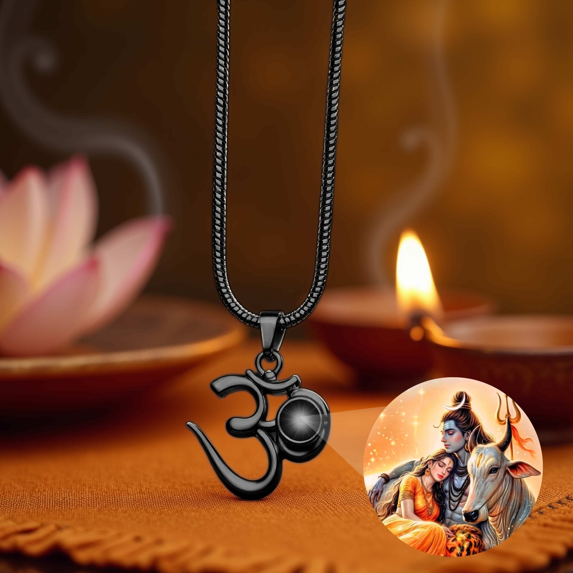 Om Pendant with Shivji, Parvati & Nandi Photo Inside - Divine Jewels